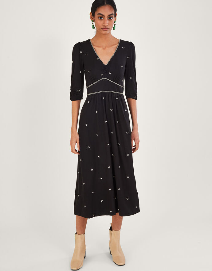 All-Over Embroidered Jersey Midi Dress Black | Work Dresses | Monsoon UK.
