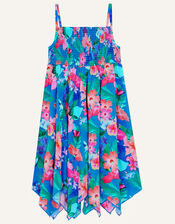 Floral Shirred Dress in Recycled Polyester, Blue (BLUE), large