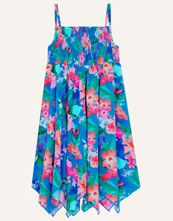 Floral Shirred Dress in Recycled Polyester, Blue (BLUE), large