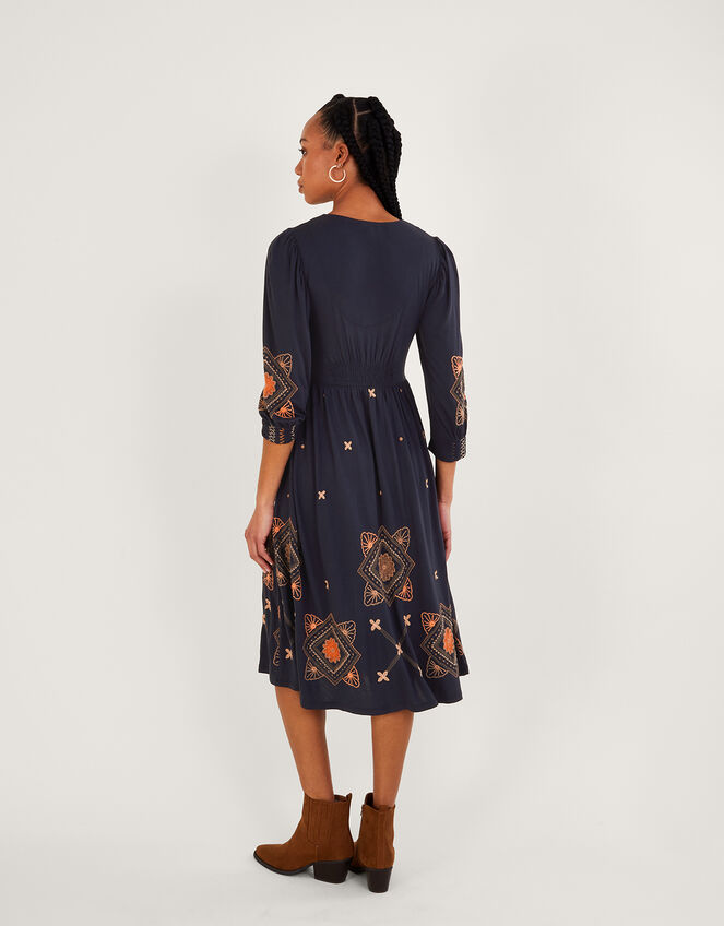 Embellished Puff Sleeve Midi Jersey Dress, Blue (NAVY), large