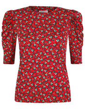 Printed Jersey Puff Sleeve Top, Red (RED), large