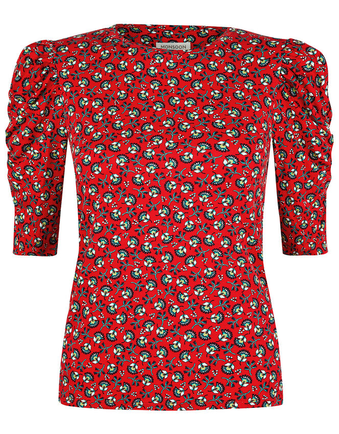 Printed Jersey Puff Sleeve Top, Red (RED), large