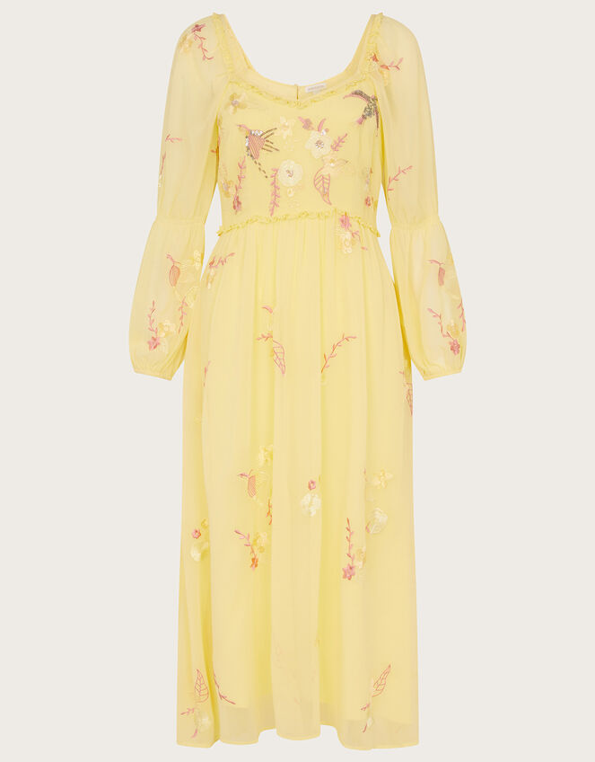 Heidi Embellished Midi Dress in Recycled Polyester, Yellow (YELLOW), large