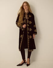 Monsoon x Queens of Archive Kate Long Embroidered Velvet Jacket, Black (BLACK), large