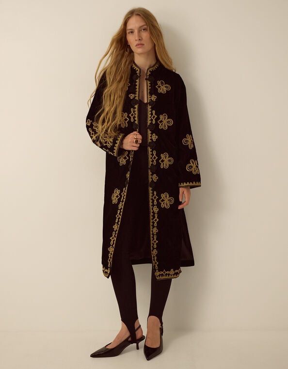 Monsoon x Queens of Archive Kate Long Embroidered Velvet Jacket, Black (BLACK), large