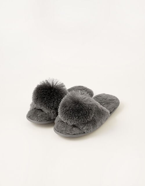 Faux Fur Pom-Pom Slippers, Grey (CHARCOAL), large
