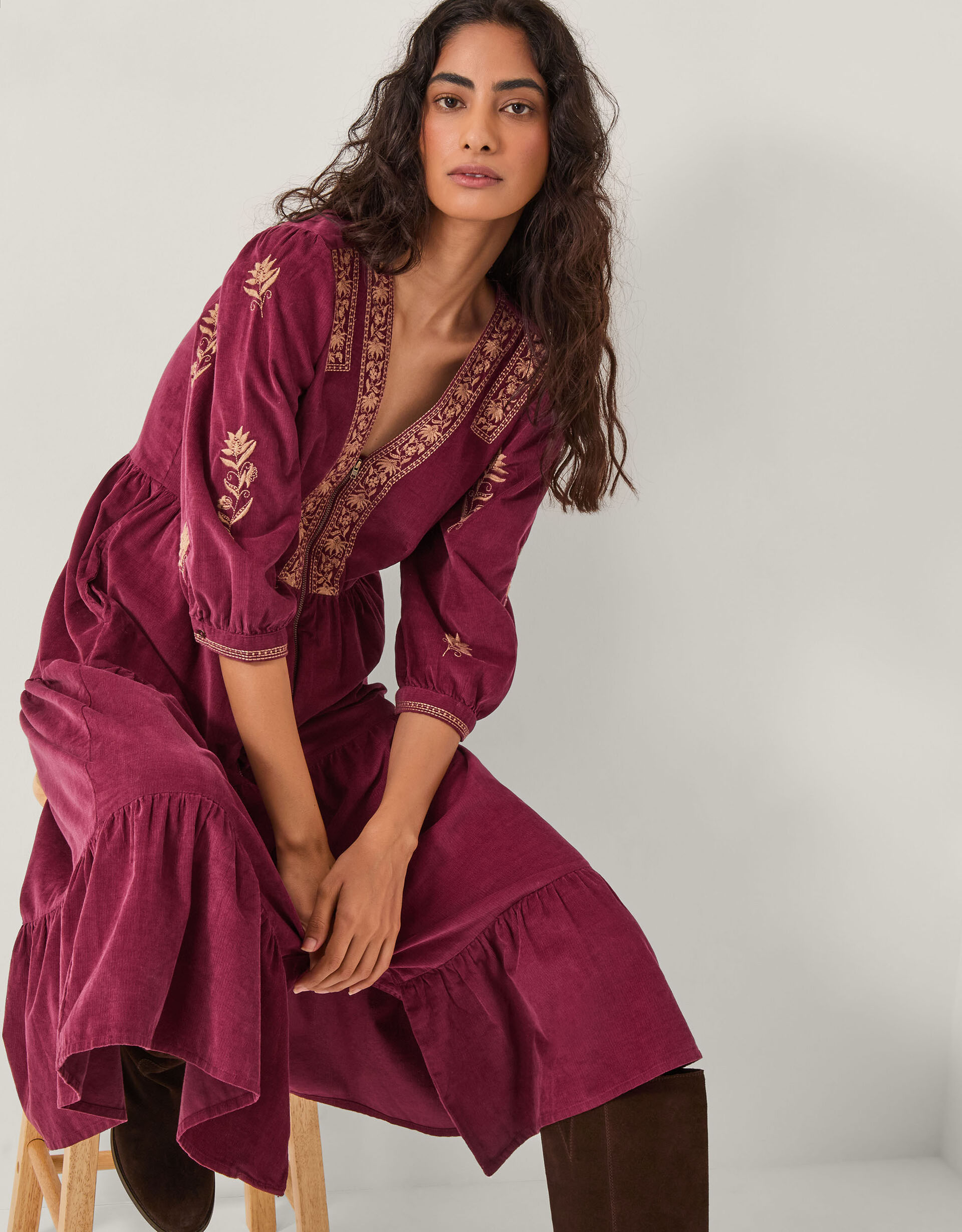 Mia Embroidered Corduroy Midi Dress Red
