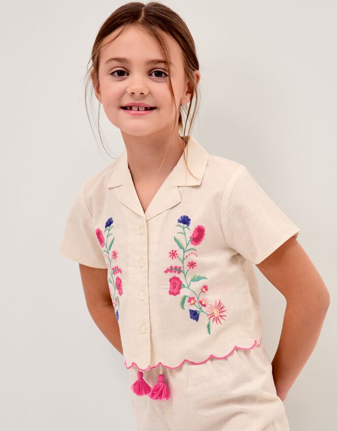 Floral Embroidered Shirt & Trousers Set, White (WHITE), large