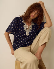 Janey Printed Jersey Top, Blue (NAVY), large