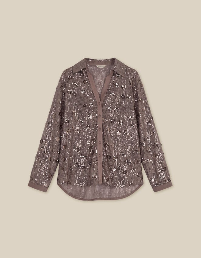 Seema Long Sleeve Sequin Shirt, Mink (MINK), large