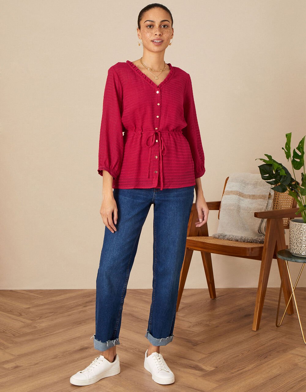 Women Women's Clothing | Textured Button Through Top Red - YS90490