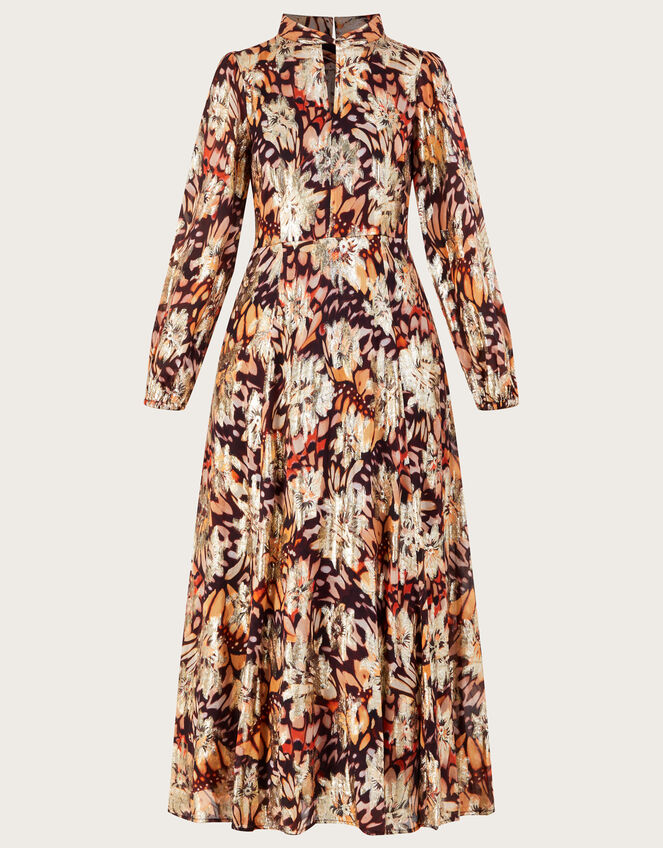 Leona Metallic Print Midi Dress, Red (BURGUNDY), large