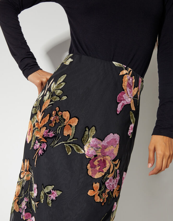 Ariella Floral Devore Midi Skirt, Black (BLACK), large