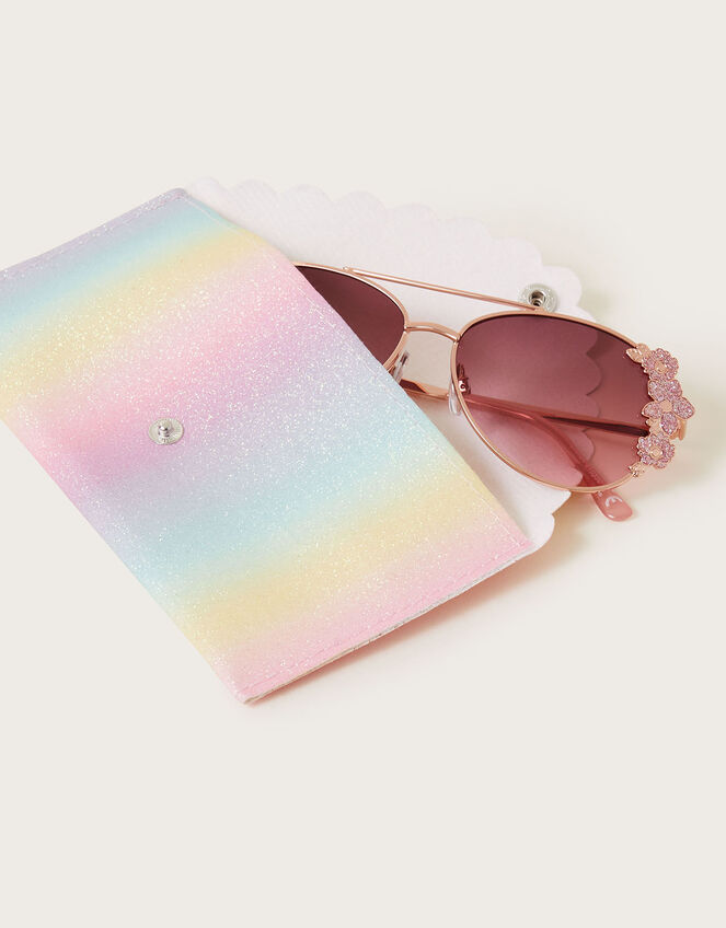 Glitter Metal Flower Sunglasses with Case, , large