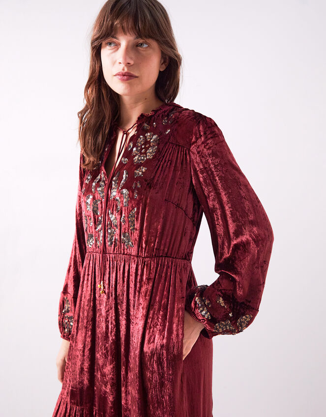 East Brogan Sequin Velvet Tiered Maxi Dress, Red (BERRY), large