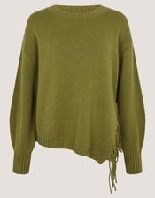 Fey Asymmetrical Fringe Jumper, Green (KHAKI), large
