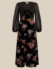 Abril V-Neck Floral Devor&eacute; Velvet Midi Dress , Black (BLACK), large
