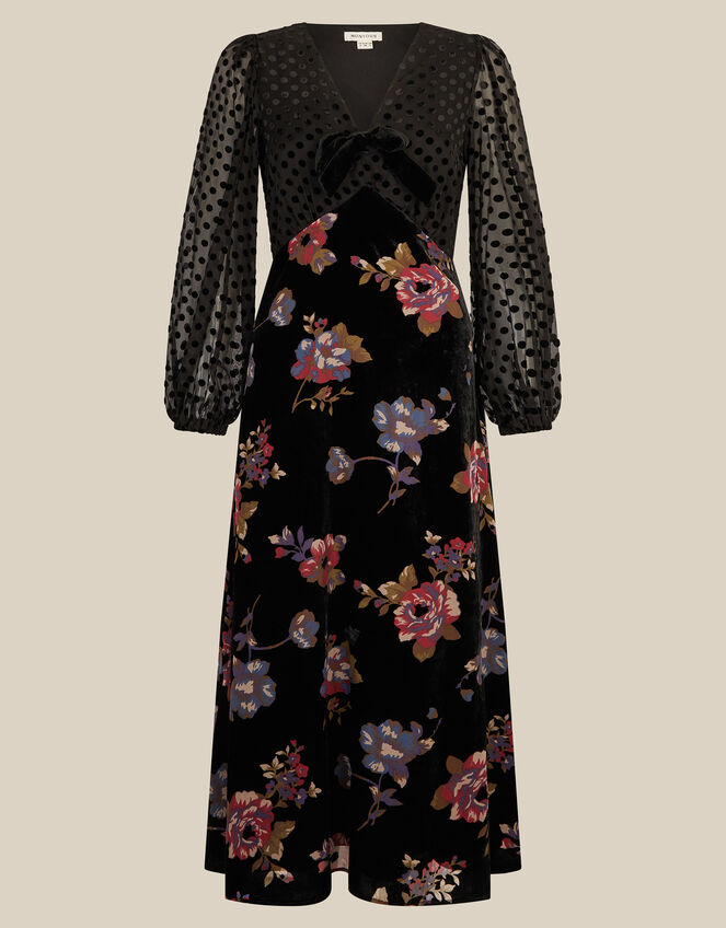 Abril V-Neck Floral Devor&eacute; Velvet Midi Dress , Black (BLACK), large