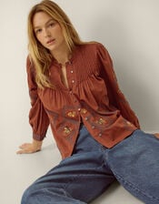 Sadie Embroidered Pintuck Blouse, Orange (RUST), large