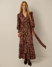 Monsoon x Queens of Archive Pearl Tie Neck Leopard Print Maxi Dress​, Brown (BROWN), large