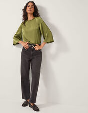 Ingrid Bell Sleeve Satin Blouse, Green (OLIVE), large