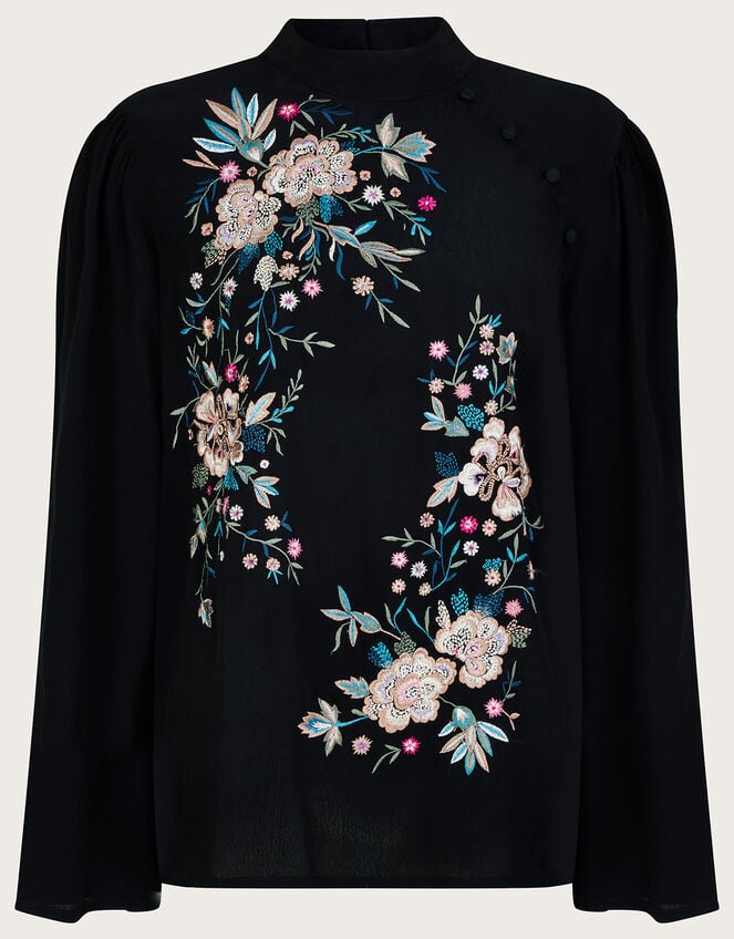 Mary Embroidered Top in Sustainable Viscose, Black (BLACK), large