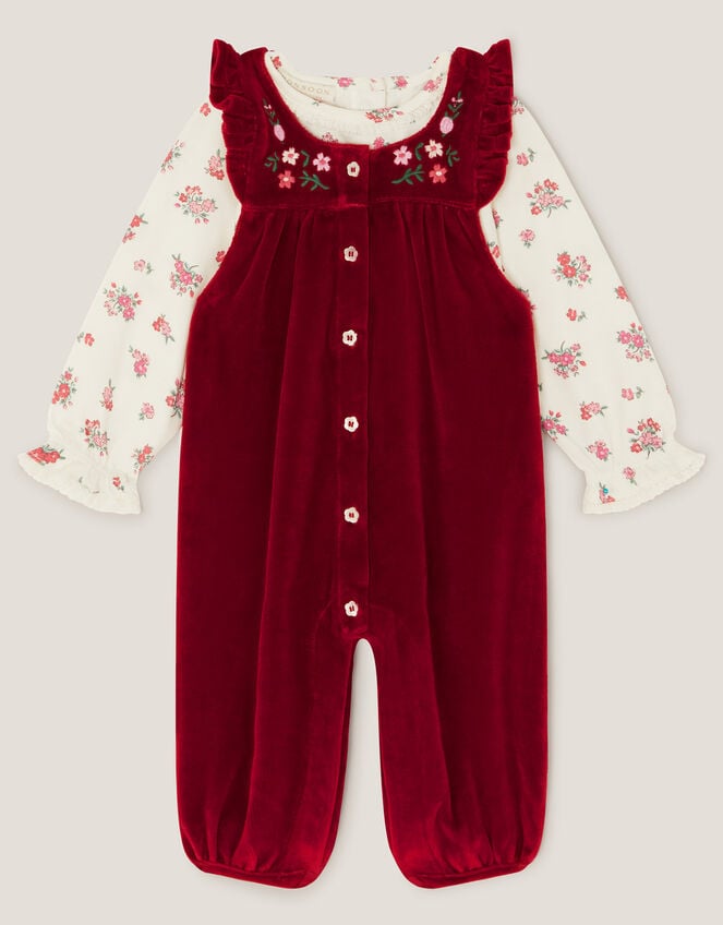 Newborn Floral Top & Velour Dungarees Set, Red (RED), large