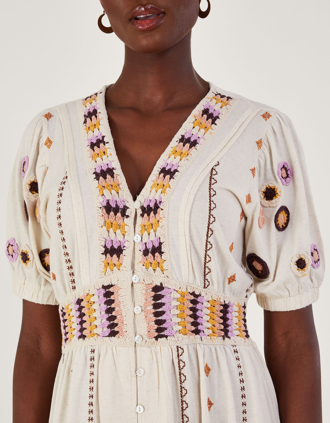 Crochet Trim Midi Dress in Linen Blend Natural