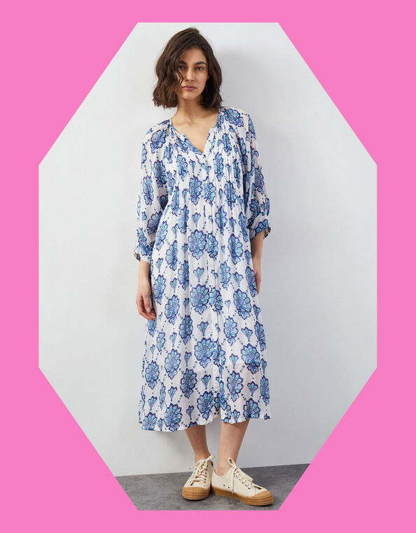 East Nadya Ornate Print Midi Dress, Blue (BLUE), large