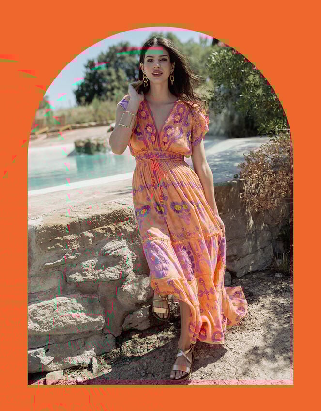 Piti Cuiti Flutter Floral Print Maxi Dress, Orange (ORANGE), large