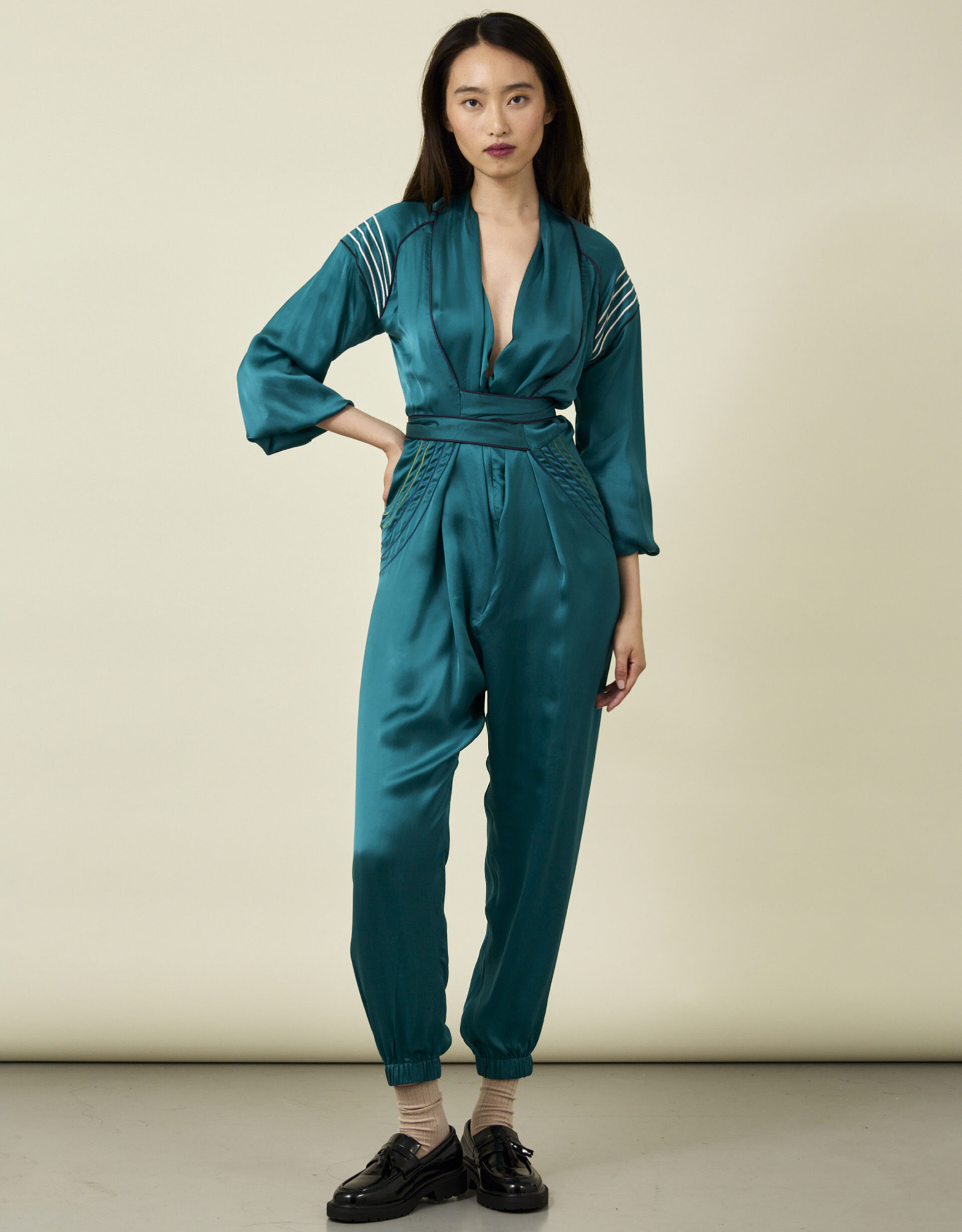 Tallulah and Hope Embroidered Satin Wrap Jumpsuit Green