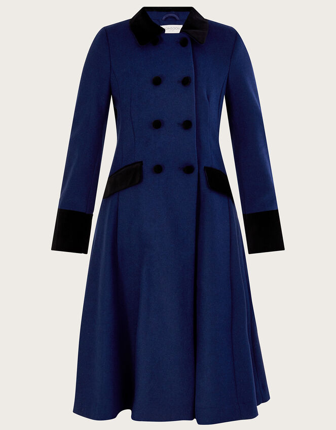 Velvet Trim Skirted Coat Blue