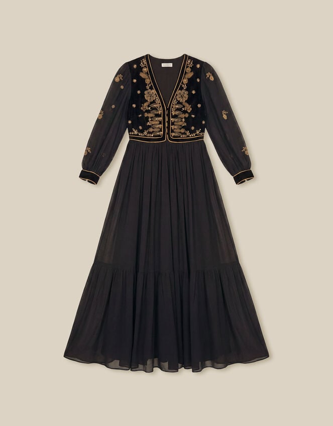 Ella Floral Embellished Velvet Maxi Dress, Black (BLACK), large