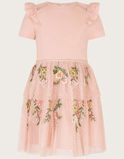 Short Sleeve Floral Embroidered Tulle Dress, Pink (PINK), large