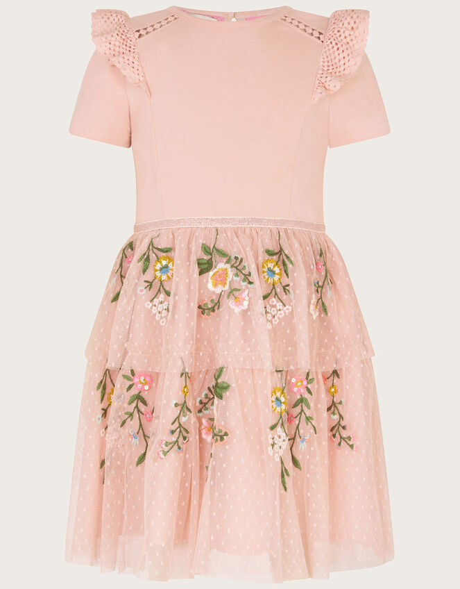 Short Sleeve Floral Embroidered Tulle Dress, Pink (PINK), large