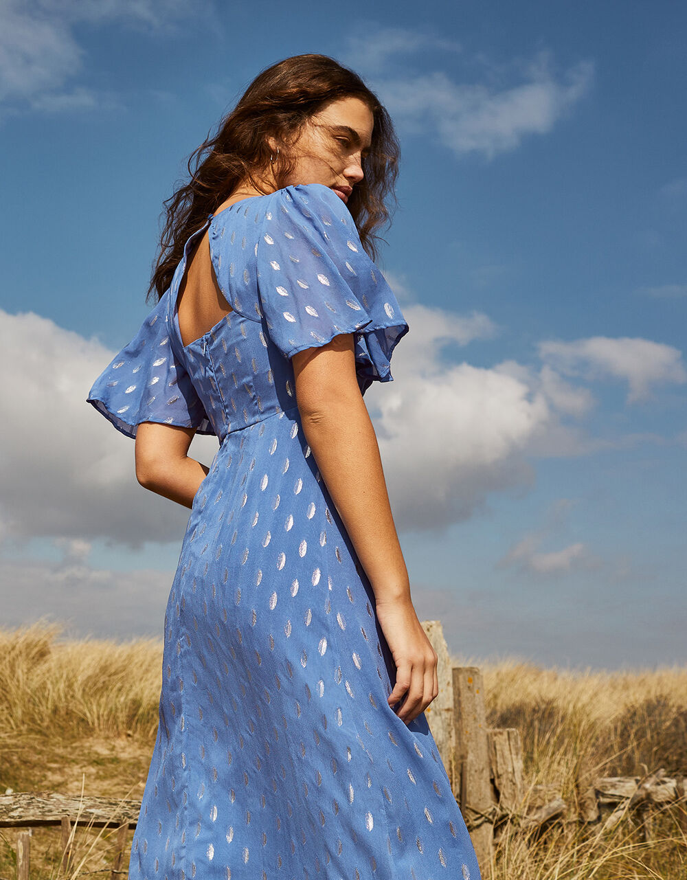 Ann Metallic Spot Maxi Dress Blue | Evening Dresses | Monsoon UK.