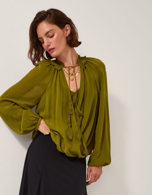 Ellie Frill Neck Wrap Blouse, Green (KHAKI), large
