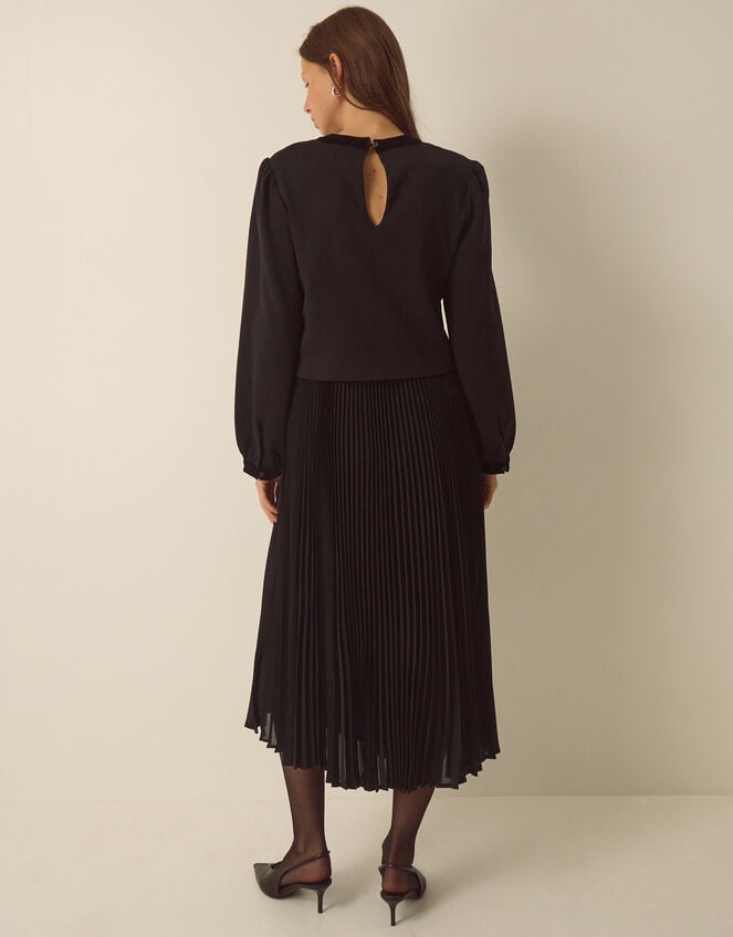 Emilee Velvet Bow Pleated Midi Dress, Black (BLACK), large