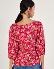 Ditsy Floral Print Top in Linen Blend , Red (RED), large