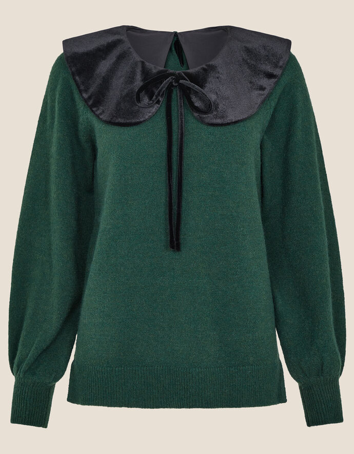 Velvet Tie Collar Knit Jumper Green