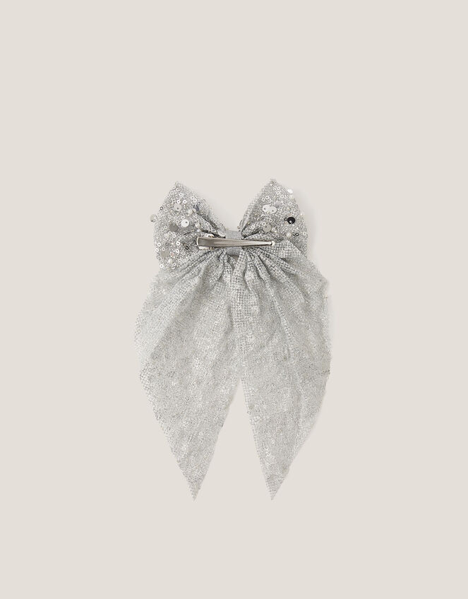 Long Sequin Bow Hair Clip, Silver (SILVER), large