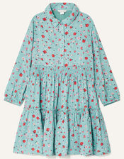 Ditsy Floral Tiered Shirt Dress, Blue (AQUA), large