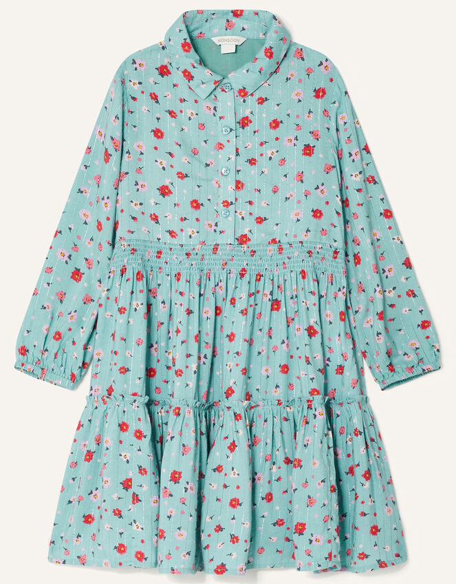 Ditsy Floral Tiered Shirt Dress, Blue (AQUA), large