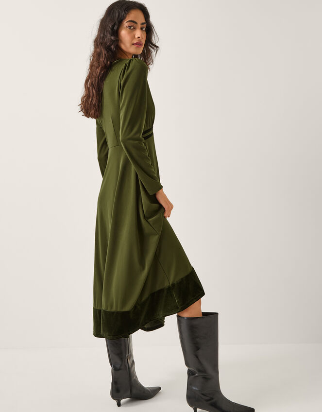 Viv Velvet Trim Long Sleeve Midi Dress, Green (KHAKI), large