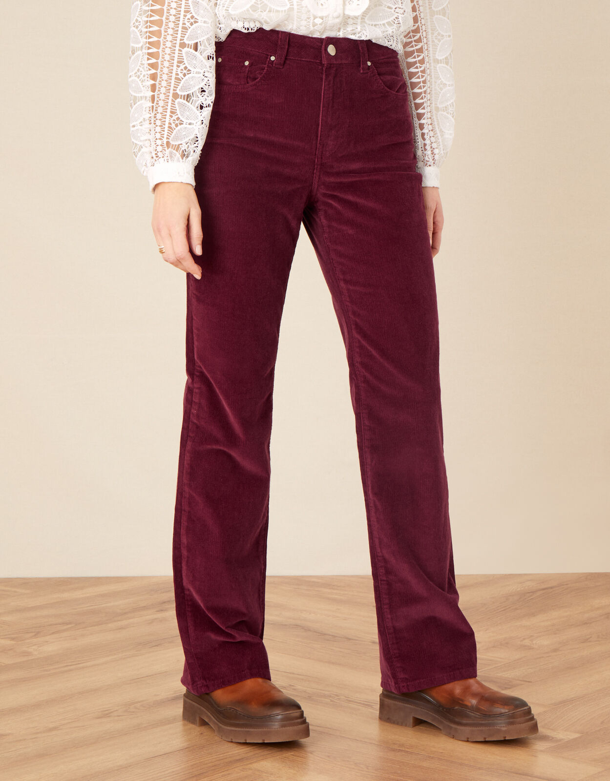 Berry Cord Flare Trousers Red 