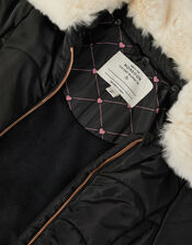 Fluffy Collar Belted Puffer Coat, Black (BLACK), large