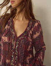 Poppy V-Neck Embellished Patchwork Blouse, Red (BURGUNDY), large