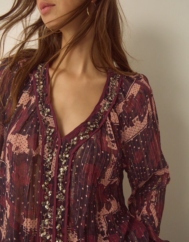 Poppy V-Neck Embellished Patchwork Blouse, Red (BURGUNDY), large
