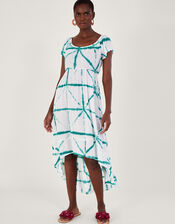 Tie Dye Cross Print High Low Dress, White (WHITE), large
