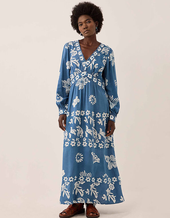 East Kris Hand-Batik Floral Maxi Dress, Blue (DARK BLUE), large